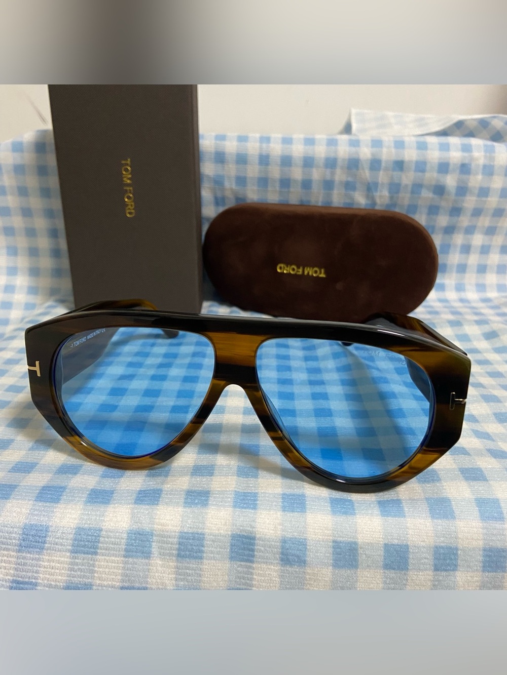 Tom Ford Tortoiseshell Acetate Sunglasses with Blue Lenses